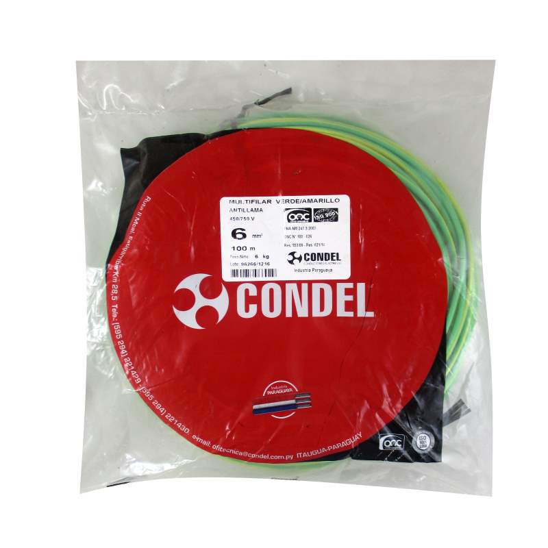Cable Multifilar Condel 6,00mm2 Verde y Amarillo - Paquete 100Mts.