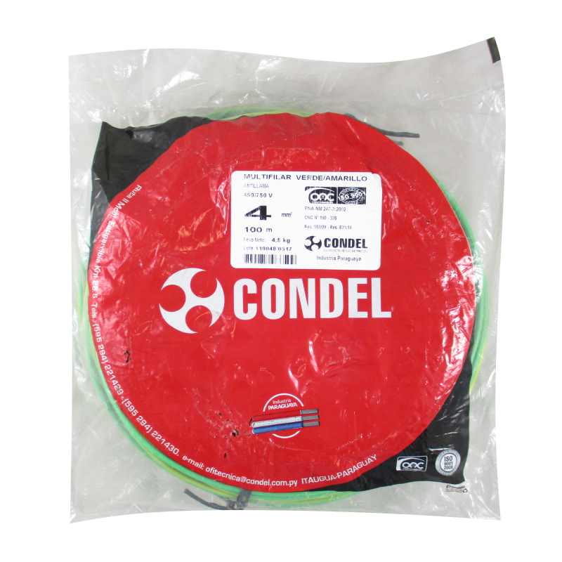Cable Multifilar Condel 4,00mm2 - Verde/Amarillo - Paquete 100Mts.
