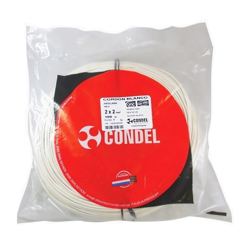 Cable Cordón Condel 2x2,00mm2 - Blanco - Paquete 100 Mts.