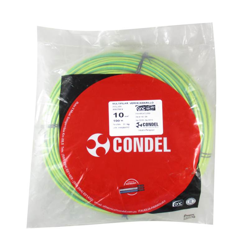Cable Multifilar Condel 10,00mm2 - Verde/Amarillo - Paquete 100Mts.