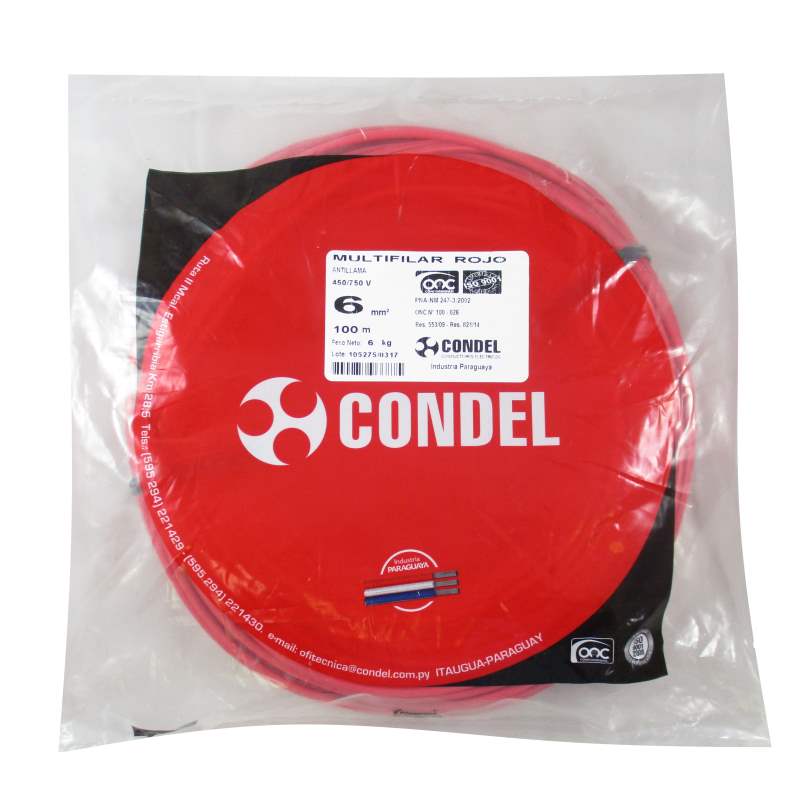 Cable Multifilar Condel 6,00mm2 Rojo - Paquete 100Mts.