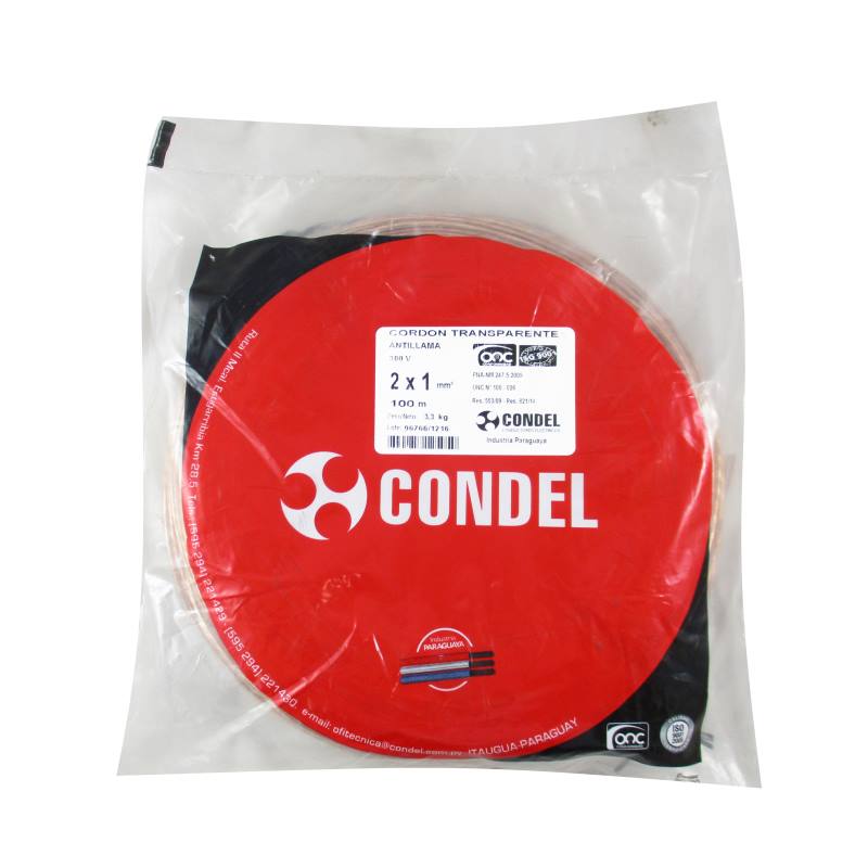 Cable Cordón Condel 2x1,00mm2 Transparente - Paquete 100Mts.