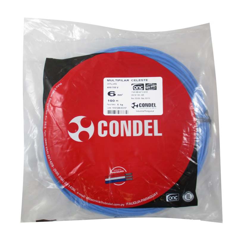 Cable Multifilar Condel 6,00mm2 Celeste - Paquete 100Mts.