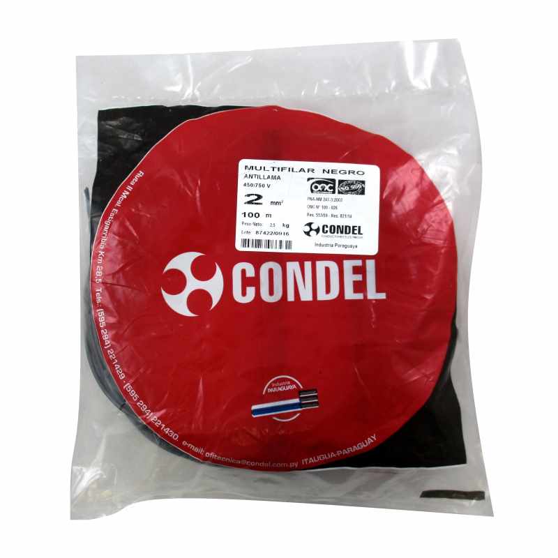 Cable Multifilar Condel 2,00mm2 - Negro- Paquete 100 Mts.