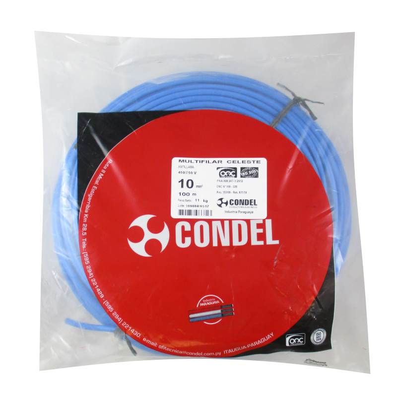 Cable Multifilar Condel 10,00mm2 Celeste - Paquete 100Mts.